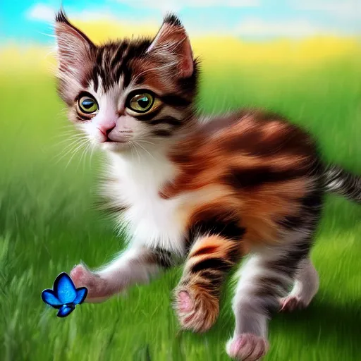 Prompt: two cute mult-colored kittens chasing a butterfly on a beautiful spring day outside, artstation, cgsociety