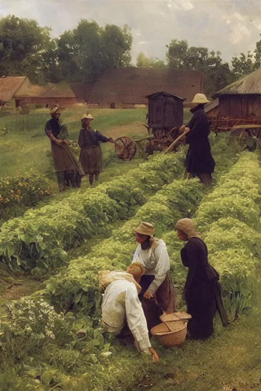 Image similar to simple amish farmers tending to their cottage vegetable gardens, art by anders zorn, wonderful masterpiece by greg rutkowski, beautiful cinematic light, american romanticism thomas lawrence, greg rutkowski