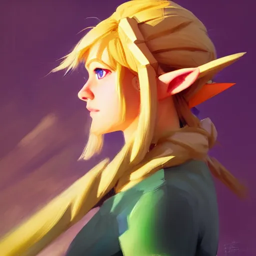 Prompt: portrait of a female Link from Legend of Zelda, medium shot, asymmetrical, profile picture, Organic Painting, sunny day, Matte Painting, bold shapes, hard edges, street art, trending on artstation, by Greg Manchess and Huang Guangjian and Loish and Gil Elvgren and Sachin Teng