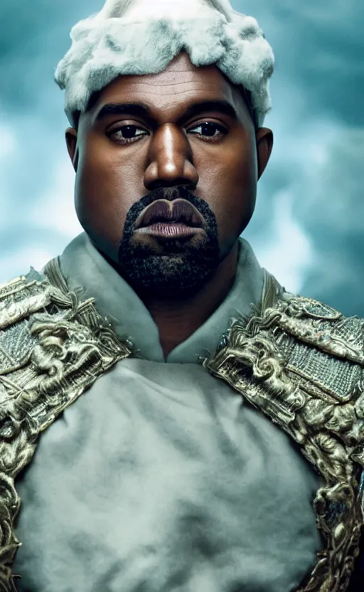 Image similar to Portrait of Kanye West as Emperor Napoleon in Skyrim, splash art, movie still, cinematic lighting, dramatic, octane render, long lens, shallow depth of field, bokeh, anamorphic lens flare, 8k, hyper detailed, 35mm film grain