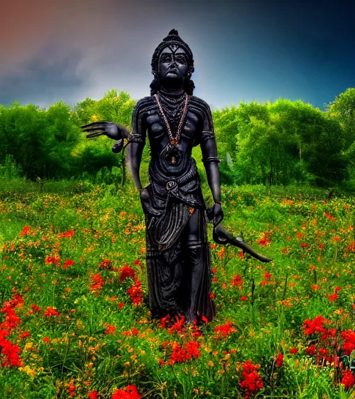 Prompt: mystical hindu black death god statue in tall meadow of flowers, dslr photo, grainy, high detail, high resolution