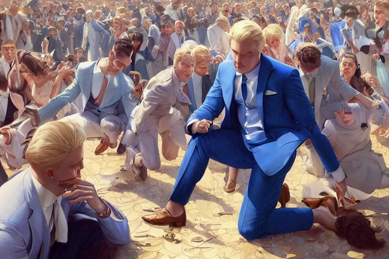 Image similar to a blond man in a blue suit wounded and kneeling surrounded by a crowd, intricate, elegant, ultra realistic illustration, highly detailed, digital painting, artstation, concept art, smooth, sharp focus, illustration, art by artgerm and greg rutkowski and alphonse mucha