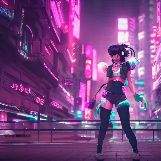 Prompt: a girl like (jinx, Princess peach), dancing, background cyberpunk city, kpop, fullshot, photo, raytrayced, octane render,volumetric lighting, epic composition, intricate details, dark neon punk, by KDA