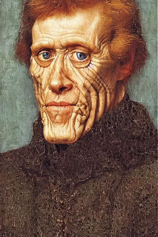 Prompt: portrait of willem dafoe with too many face wrinkles, oil painting by jan van eyck, northern renaissance art, oil on canvas, wet - on - wet technique, realistic, expressive emotions, intricate textures, illusionistic detail