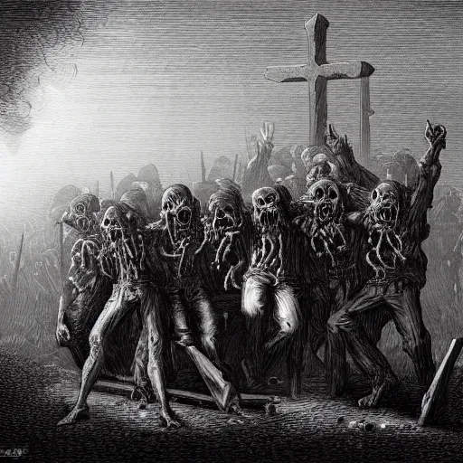 Image similar to zombies, nine steel barrels in a graveyard, creepy atmosphere, dark, realistic, illustration by gustave dore