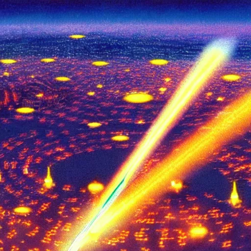 Image similar to flying saucers destroying a city with lasers