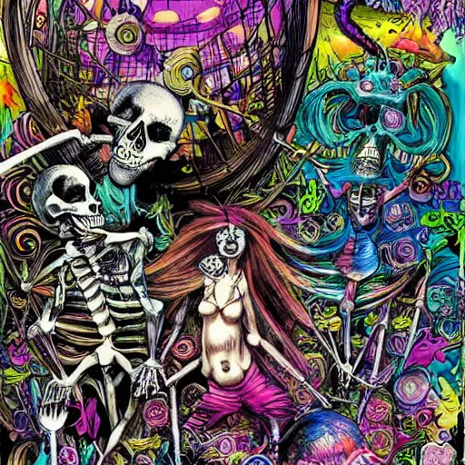 Prompt: lost in wonderland with skeletons surfing on hypercomplex brainwaves, a grand scale dystopic event of clockwork phantasmagoria by giger and lisa frank and mike deodato