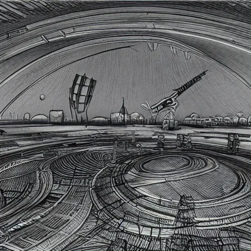 Image similar to a black pen sketch of a futuristic martian civilization, solarpunk