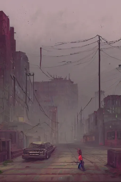 Prompt: View from a post-apocalyptic street, inspired by Simon Stalenhag