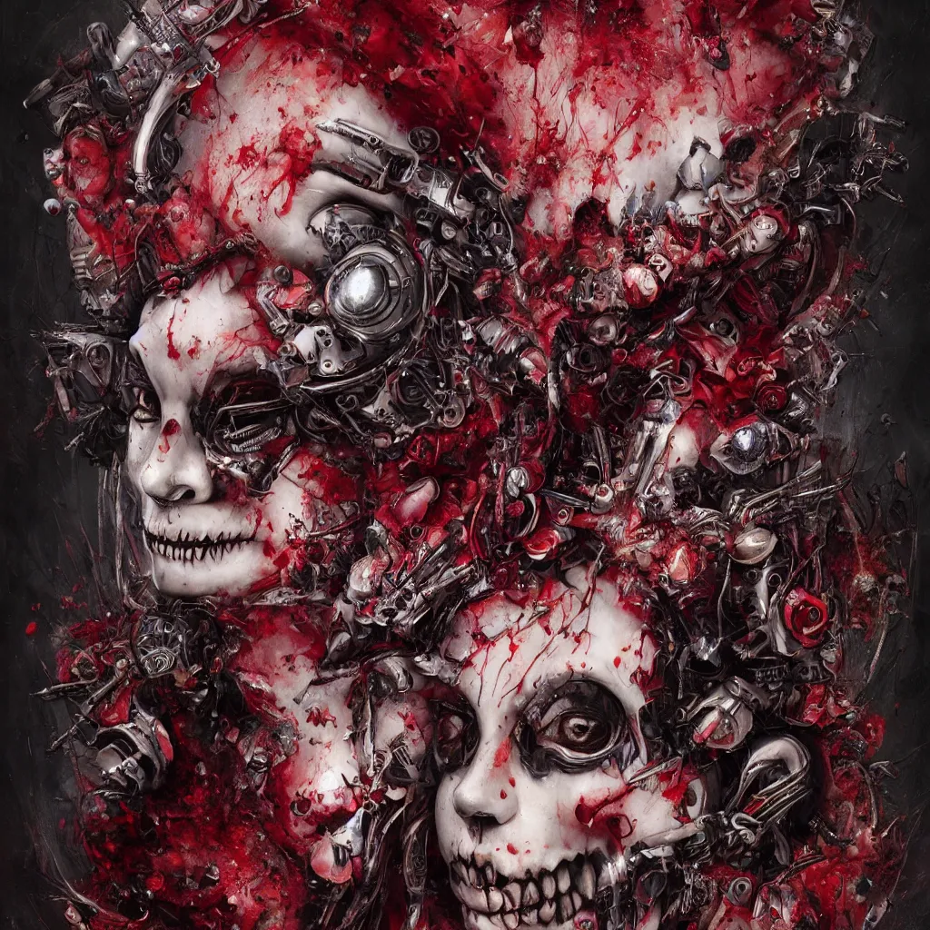 Image similar to queen of hearts, cyborg, skull, highly detailed, cinematic, 8 k, by megan duncanson, benjamin lacombe, adrian borda, stanley artgermm, tom bagshaw, craig mullins, carne griffiths, ayami kojima, beksinski, giger, trending on deviantart, hyper detailed, horror, full of colour