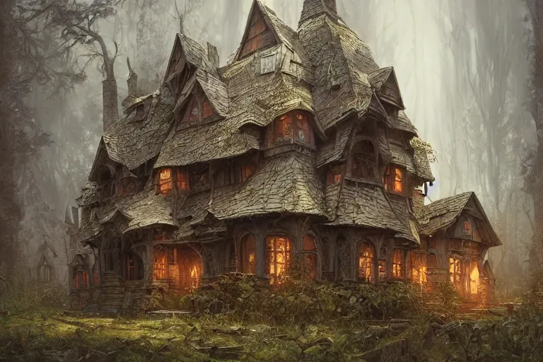 Prompt: painting of an evil witch house in the grim, forest, concept art, intricate details, eerie, highly detailed, photorealistic, octane render, 8 k, unreal engine. art by artgerm and greg rutkowski and alphonse mucha