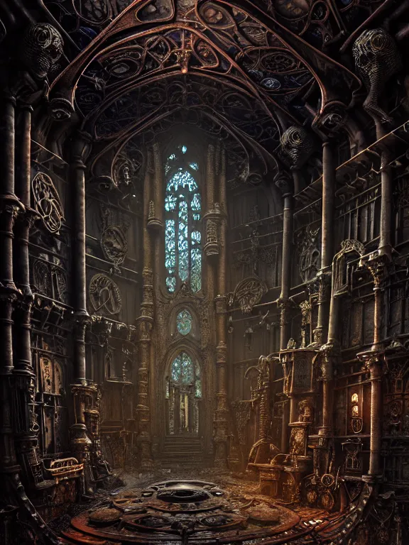 Image similar to steam necropolis, memento mori, gothic, neo - gothic, art nouveau, hyperdetailed copper patina medieval icon, stefan morrell, philippe druillet, ralph mcquarrie, concept art, steampunk, unreal engine, detailed intricate environment, octane render, moody atmospherics, volumetric lighting, ultrasharp, ominous, otherworldly