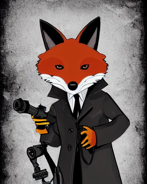 Image similar to a fox wearing a black trench - coat holding a diamond studded mini - gun, comic art style, digital art,