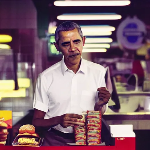 Prompt: barack obama portrait working in a fast food restaurant, in a cinematic cyberpunk style, 3 5 mm