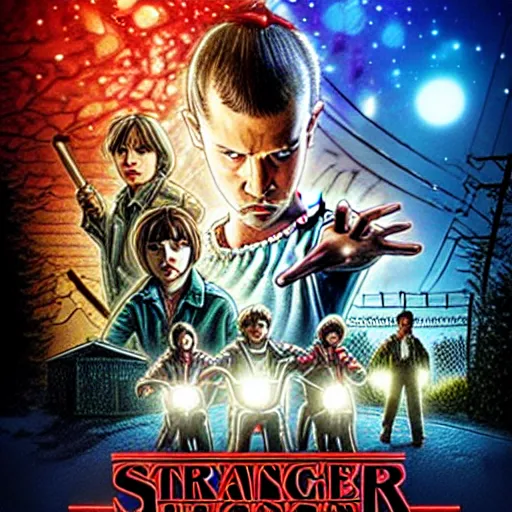 Image similar to stranger things new season poster, artstation hall of fame gallery, editors choice, # 1 digital painting of all time, most beautiful image ever created, emotionally evocative, greatest art ever made, lifetime achievement magnum opus masterpiece, the most amazing breathtaking image with the deepest message ever painted, a thing of beauty beyond imagination or words