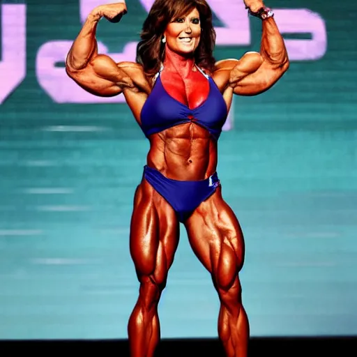 Image similar to Sarah Palin bodybuilder on steroids, huge muscles, very tan, screaming and flexing on stage at the republican national convention