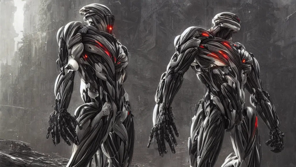 Image similar to crysis nanosuit with powerful biological muscle augmentation, machines, bleak, remnants of the human civilization at dusk, painted by tsutomu nihei, painted by artgerm and greg rutkowski