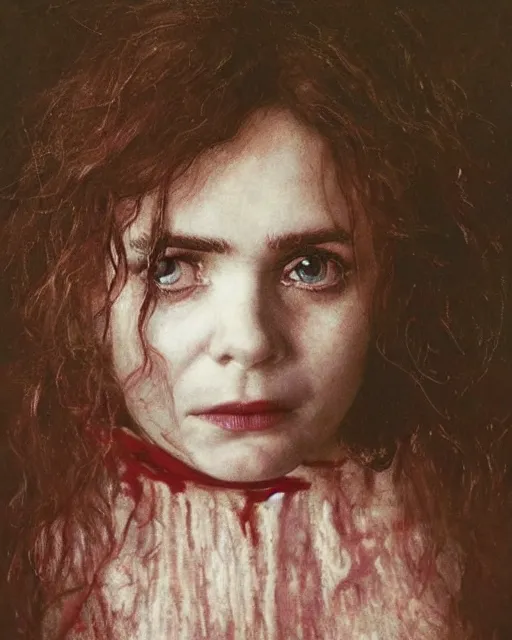 Image similar to a beautiful but sinister girl who looks like a young shirley henderson in layers of fear, with haunted eyes and curly hair, 1 9 7 0 s, seventies, delicate embellishments, a little blood, crimson, painterly, offset printing technique, by jules bastien - lepage