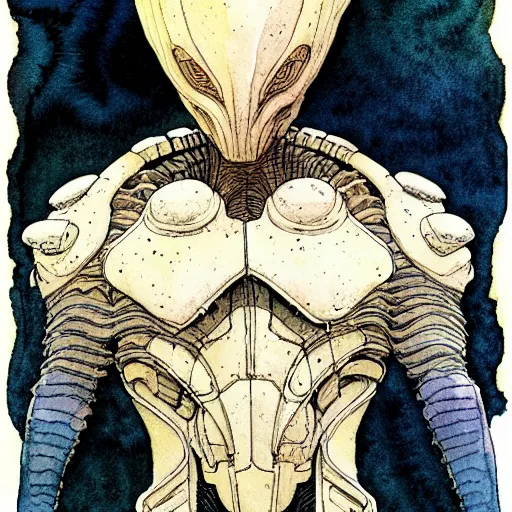 Prompt: a simple and atmospheric watercolour portrait of a pulp sci - fi alien god, very muted colors, by rebecca guay, michael kaluta, charles vess and jean moebius giraud