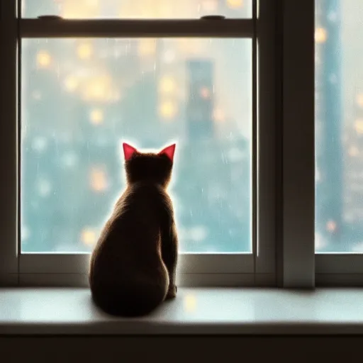 Image similar to back of cute cat sitting in front of a window looking out at a rainy city, cozy indoor lighting, bokeh city lights, 8 k, pixar, octane render