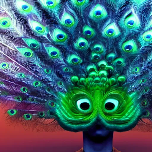 Prompt: alien peacock plume with human eyes, rendered by beeple, award-winning