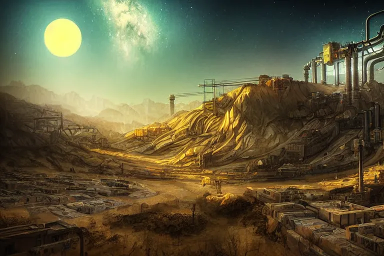 Image similar to sci - fi favela, art nouveau desert environment, industrial factory, cliffs, gloomy, milky way, award winning art, epic dreamlike fantasy landscape, ultra realistic,