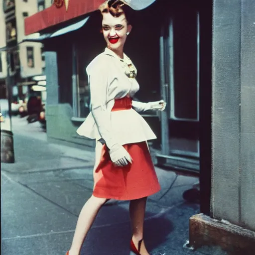 Image similar to Kodachrome of a young fashionable woman in 1950s New York