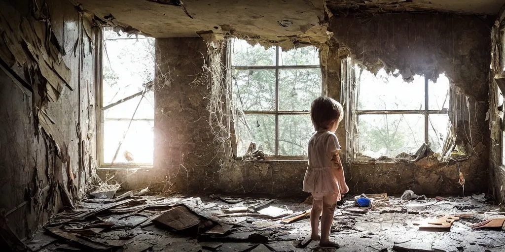 Prompt: a small child, dressed in tattered clothing peers over the edge of a massive hole in the floor of a dilapidated shack, streams of light cascade upon the room revealing glints of reflective wonder