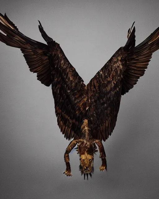 Image similar to full body photograph of a hybrid creature that has the head of a man, the body of a lion, the wings of an eagle and the tail of scorpion 5 0 mm, studio lighting, in the style of national geographic