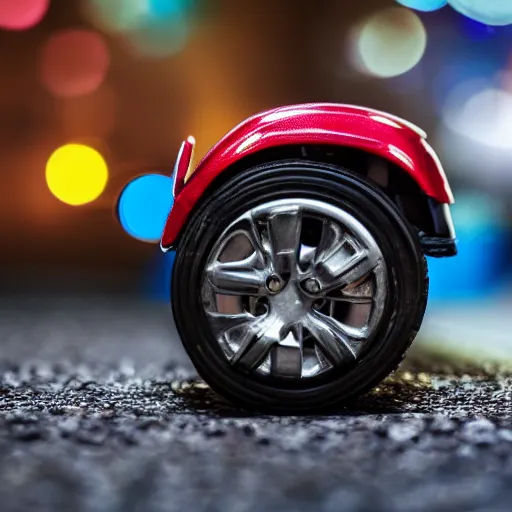Image similar to toy car next to a tire, bokeh