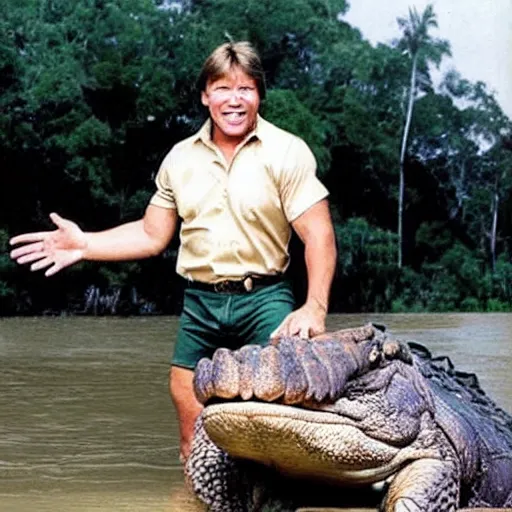 Image similar to steve irwin forgot to put his shorts on before wrestling a giant crocodile