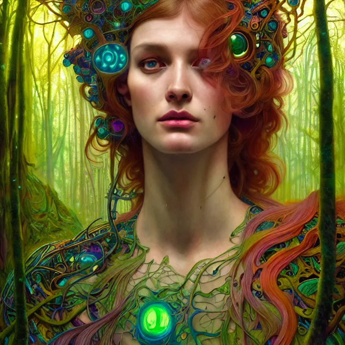 Prompt: bright psychedelic portrait of intelligent organic cyborg in an ancient forest, diffuse lighting, fantasy, intricate, elegant, highly detailed, lifelike, photorealistic, digital painting, artstation, illustration, concept art, smooth, sharp focus, art by John Collier and Albert Aublet and Krenz Cushart and Artem Demura and Alphonse Mucha
