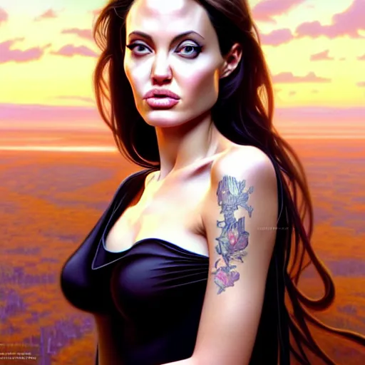 Image similar to beautiful digital painting of teen!! angelina jolie background with high detail, 8 k, stunning detail, photo by artgerm, greg rutkowski and alphonse mucha, unreal engine 5, 4 k uhd