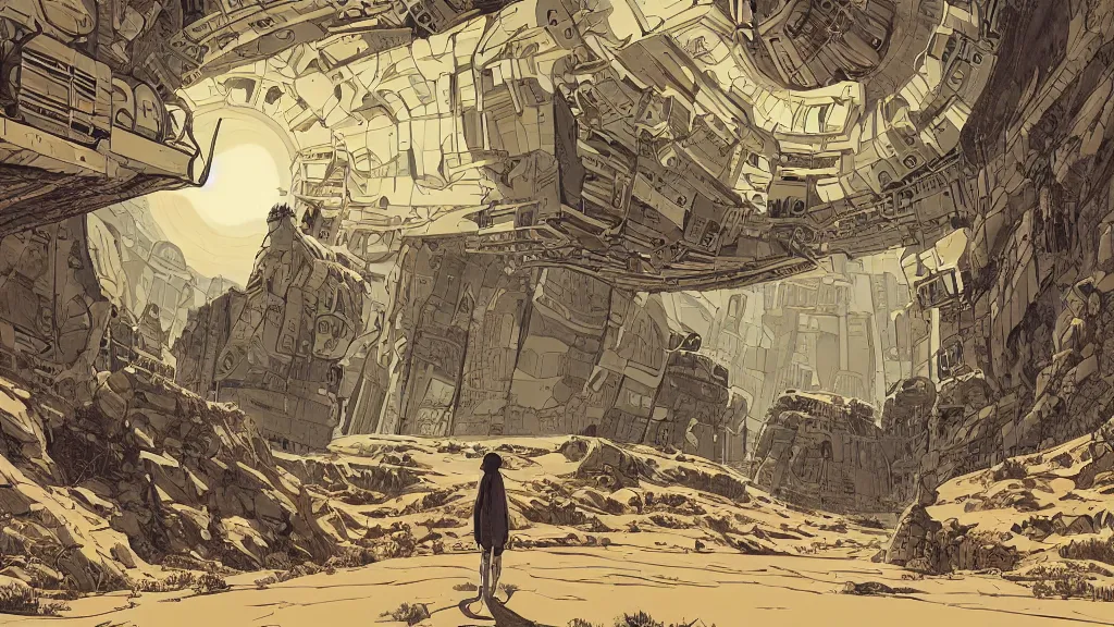 Image similar to very detailed, prophet graphic novel, ilya kuvshinov, mcbess, rutkowski, simon roy, illustration of a large vault door in the desert, wide shot, colorful, deep shadows, astrophotography