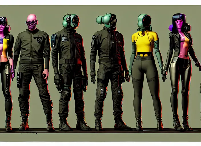 Image similar to cyberpunk hazmat tactical squad. portrait by stonehouse and mœbius and will eisner and gil elvgren and pixar. character design. realistic proportions. cyberpunk 2 0 7 7 character art, blade runner 2 0 4 9 concept art. cel shading. attractive face. thick lines. the team. diverse characters. artstationhq.