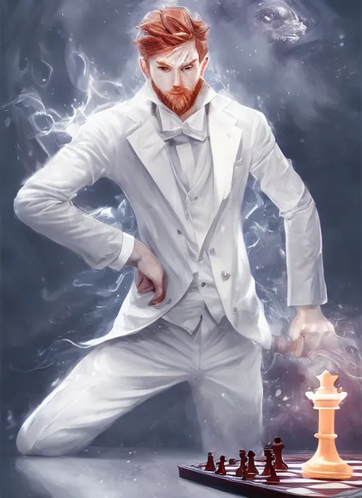 Prompt: a highly detailed illustration of short ginger haired man wearing white suit, dramatic holding chess piece pose, summoning demon girl, intricate, elegant, highly detailed, centered, digital painting, artstation, concept art, smooth, sharp focus, league of legends concept art, WLOP