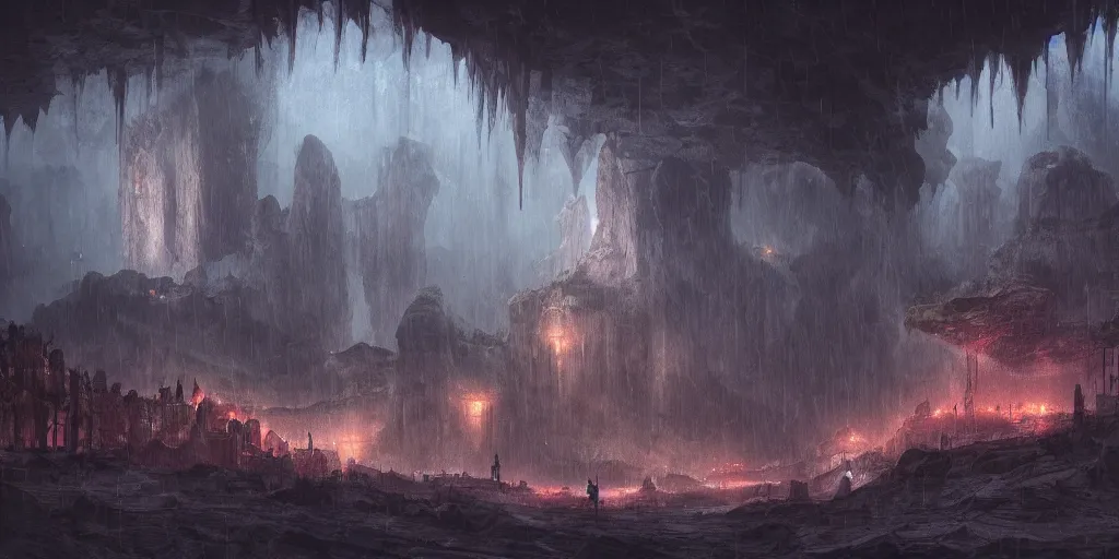 Image similar to a fantasy city built within a vast cave, illustration, raining, dark and moody lighting, digital art, fantasy, 8 k, trending on artstation, detailed