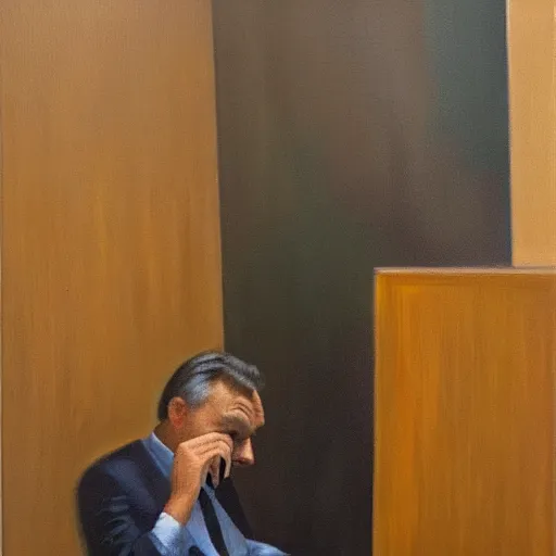 Image similar to viktor orban playing on his phone in a cubicle, oil painting