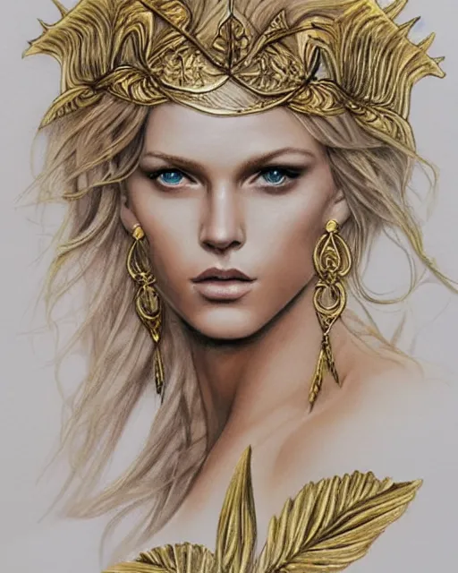 Image similar to tattoo design sketch of hot blonde super model as aphrodite greek goddess wearing a gold laurel wreath and triangle earrings, beautiful piercing gaze with sharp pupils, in the style of greg rutkowski, fantasy, amazing detail, epic, elegant, smooth, sharp focus, front view