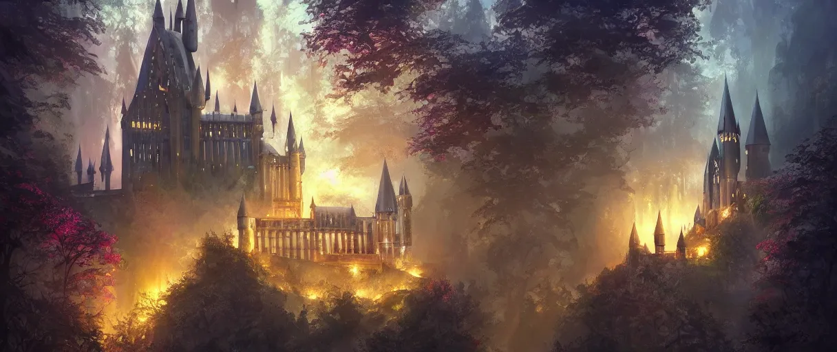 Image similar to hogwarts type castle in the forest behind a garden, concept art, digital painting, style of jordan grimmer, warm lighting, futuristic, volumetric lighting, view from below, vivid colours, bright, daytime, godrays, high detail