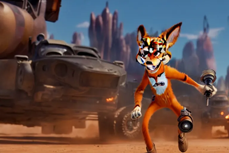 Image similar to nick wilde ( from zootopia ), heavily armed and armored facing down armageddon in a dark and gritty reboot from the makers of mad max : fury road