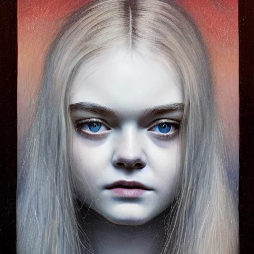 Image similar to professional painting of Elle Fanning in the style of Beksinski, head and shoulders portrait, symmetrical facial features, smooth, sharp focus, illustration, intricate, stormy weather, extremely detailed masterpiece,