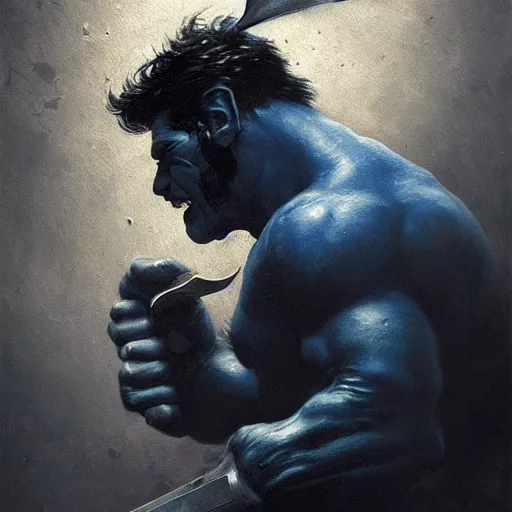 Image similar to artstation concept a midnight blue hulk jolding a meat cleaver, dusty, hyperdetailed, artstation trending, world renowned artists, worth 1 0 0 0. com, historic artworks society, antique renewel, cgsociety, by greg rutkowski, by gustave dore, deviantart