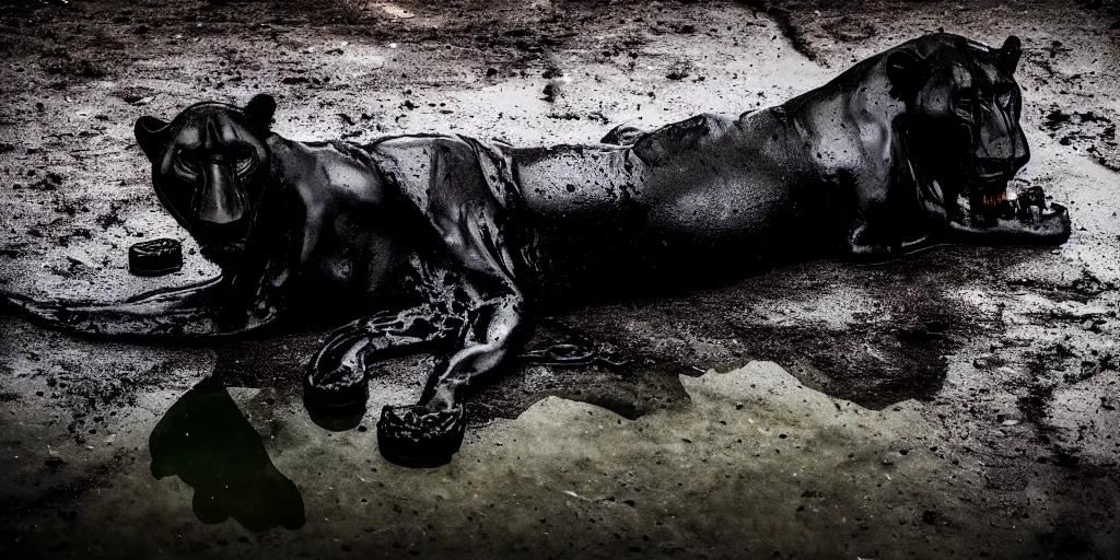 Prompt: the black lioness made of tar, laying on their back, dripping tar, drooling goo, covered in slime, sticky black goo, bathing in the pit filled with tar, dripping goo, sticky black goo. photography, dslr, reflections, black goo, rim lighting, cinematic light, tar pit, chromatic, saturated, slime