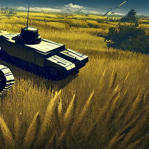 Image similar to a high resolution image from nier : automata, featuring 9 s android fighting an armoured vehicle resembling a russian t 3 4 tank in yellow rye field under pure blue skies