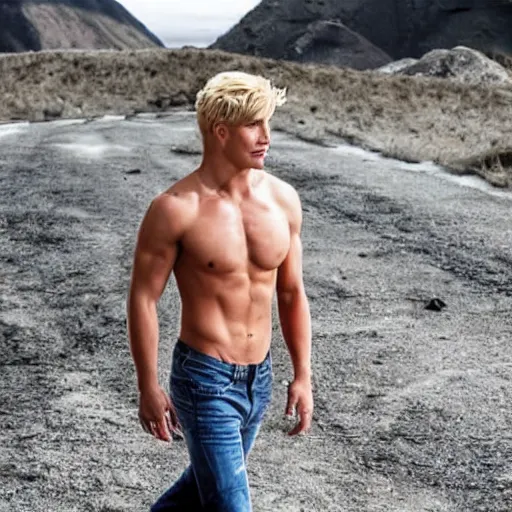 Prompt: blond dude with abs walking away from explosion