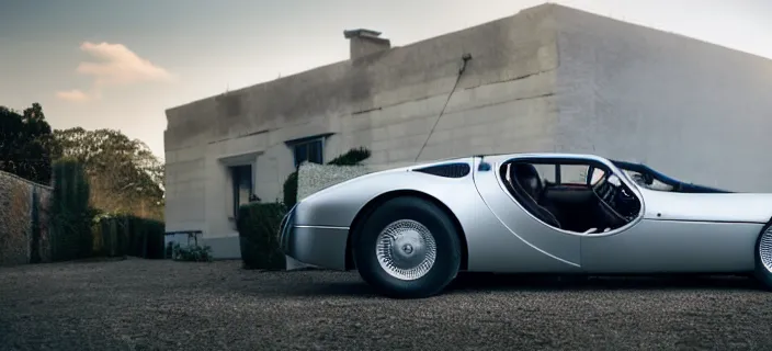 Image similar to a single bugatti type 5 7 sc atlantic and delorean hybrid, dslr, volumetric lighting