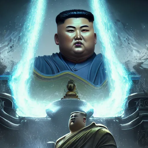 Image similar to portrait of kim - jong un as buddha, league of legends amazing splashscreen artwork, gears of war, splash art, natural light, elegant, photorealistic facial features, intricate, fantasy, detailed face, atmospheric lighting, anamorphic lens flare, cinematic lighting, league of legends splash art, hd wallpaper, ultra high details by greg rutkowski