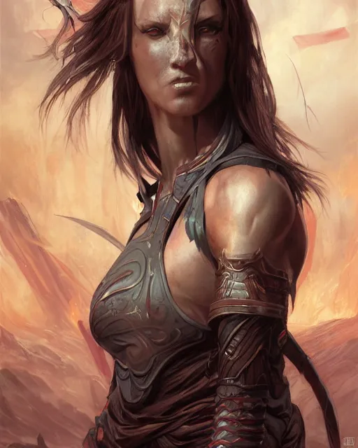 Prompt: a portrait of a fit female warrior by Ross Tran and Thomas Cole and Wayne Barlowe