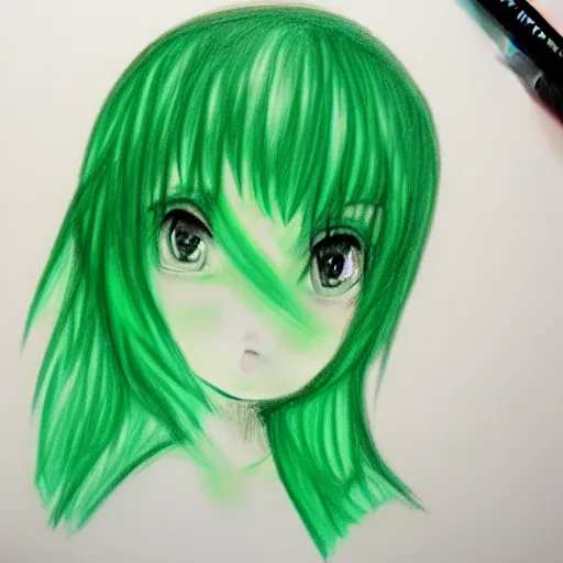 Image similar to drawing of my dream girl, green hair, short, cute